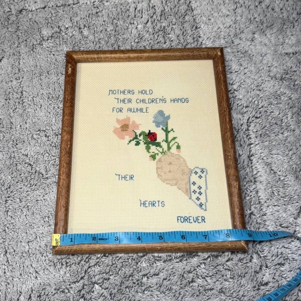 Vintage Framed Cross Stitch Mother Wall Art 9x11 Handmade Cottagecore Blue Flora